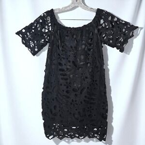 Pretty Garden Eyelet Dress Off Shoulder Short‎ Sleeve Black Woman Large Boho LBD